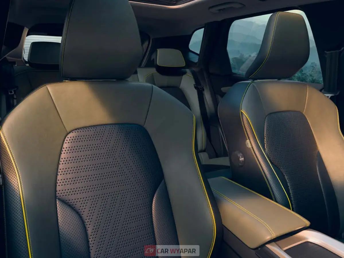 Close-up of the premium upholstery on Renault Duster front seats featuring perforation for ventilation and yellow contrast stitching.